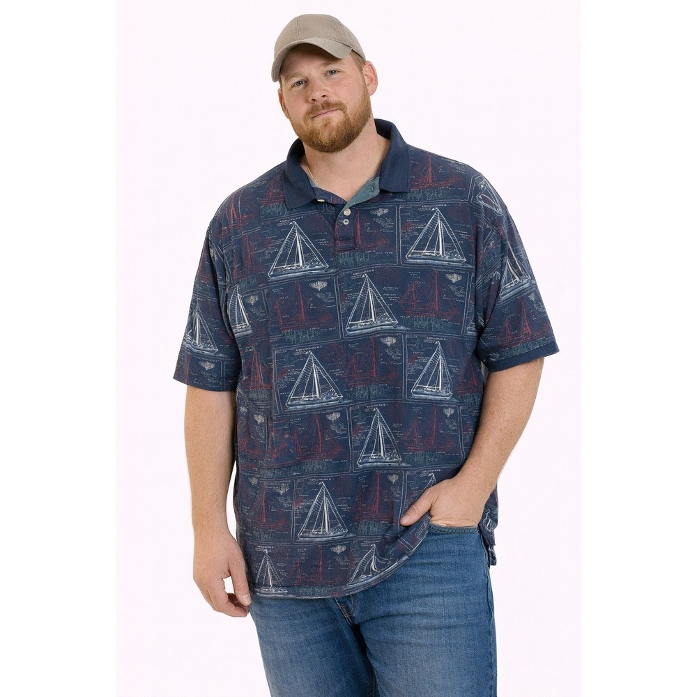 Boca‎ Classics Polo Shirt Mens Large Navy Blue Sailboat Blueprint Print Nautical